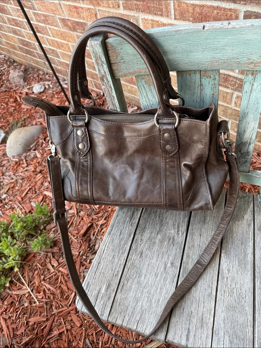 Frye Washed Brown Leather Melissa Satchel Handbag w/Xbody Strap